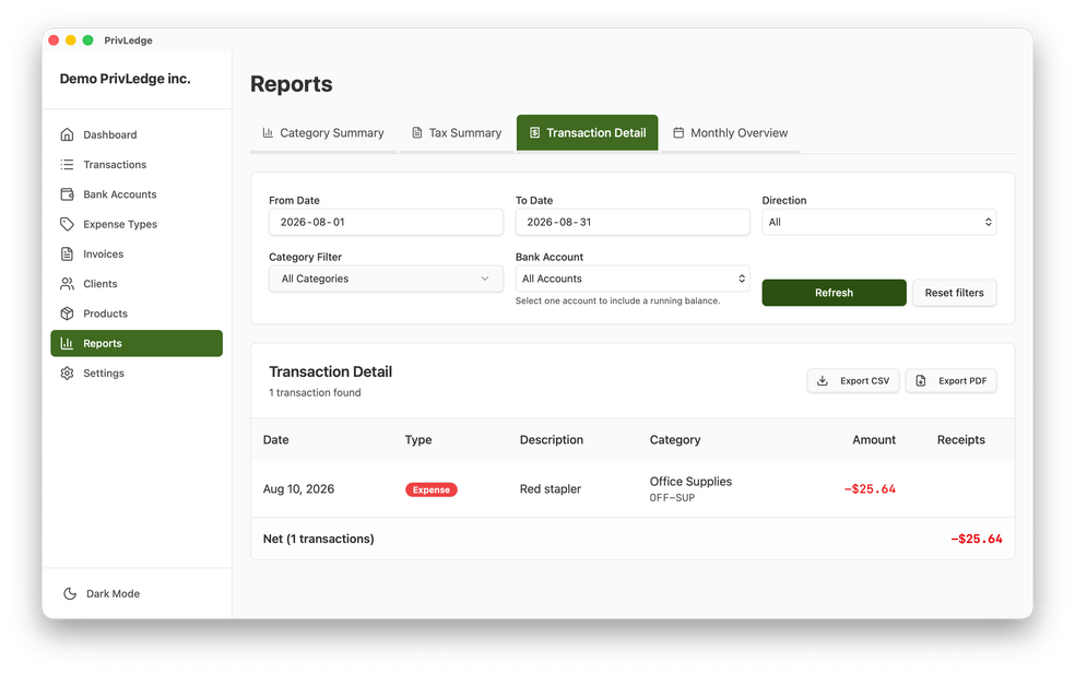 PrivLedge reports screen